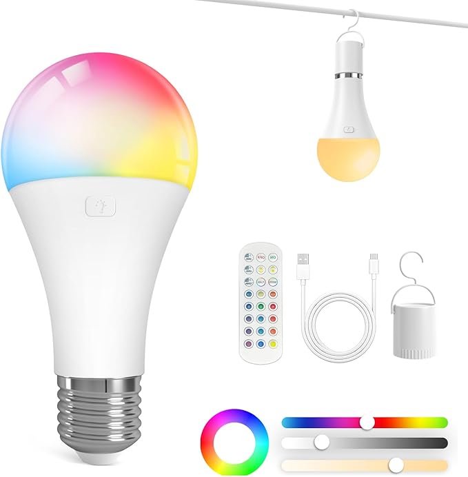 KINDEEP E26 Rechargeable Light Bulbs, A19 LED Battery Operated Bulb with Remote, 2000mAh Wireless Backup Light Bulb - Dimmable, 15 Colors & 3 Timer for Sconces Lamp Camping, 1 Pack