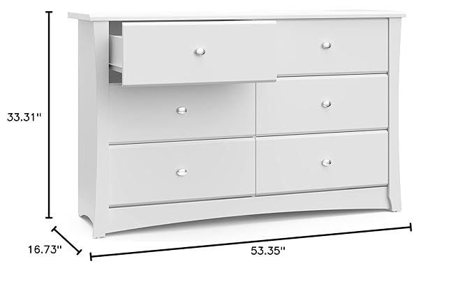 Storkcraft Crescent 6-Drawer Dresser (White) – GREENGUARD Gold Certified, White Dresser for Bedroom, Kids & Nursery Storage Chest, Safety Interlocking Drawers, Pre-Installed Tracks, Kids Chest
