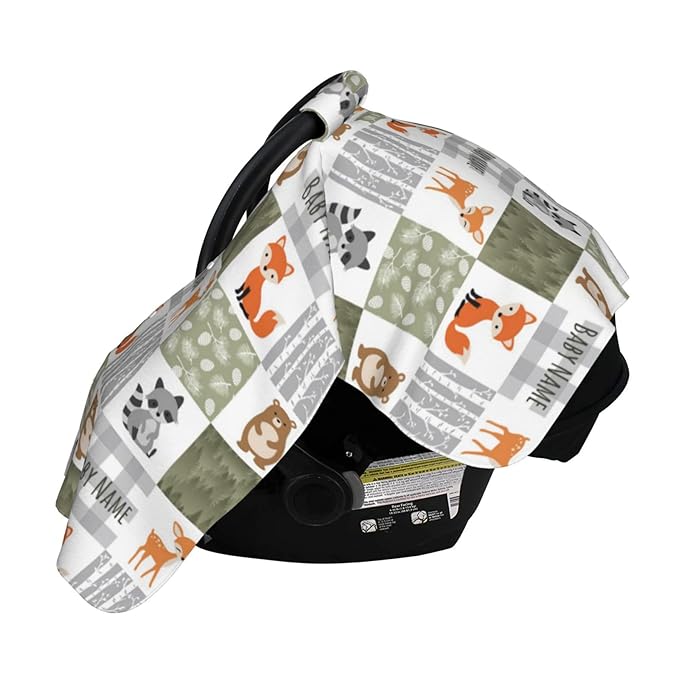 Personalized Woodland Animals Baby Car Seat Canopy for Babies with Name, Custom Car Seat Covers Boys Girls, Peekaboo Opening Minky Nursing Breastfeeding Cover Infant Car Seat Canopies for Newborn