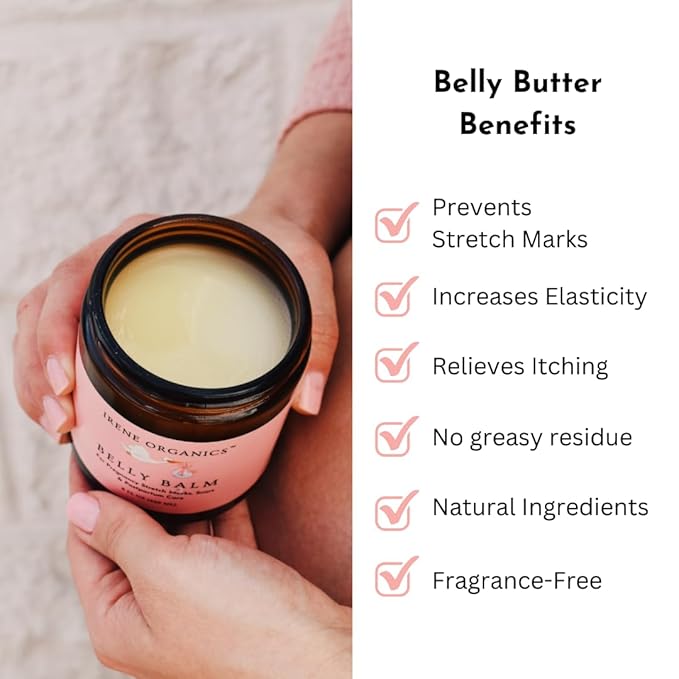 Irene Organics Organic Belly Butter for Pregnancy Stretch Mark Prevention and Treatment Award Winning Anti Stretch Mark Tummy Balm For Pregnancy and Postpartum 8oz - Hydrating Bump Cream