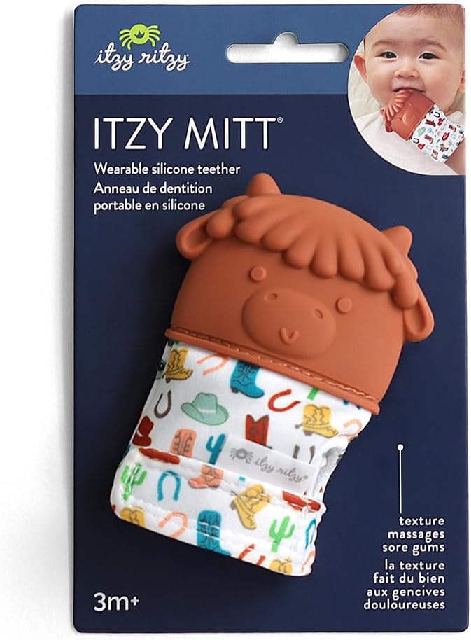 Itzy Ritzy Silicone Teething Mitt - Soothing Infant Teething Mitten with Adjustable Strap, Crinkle Sound & Textured Silicone to Soothe Sore & Swollen Gums - for Ages 3 Months & Up (Cow)