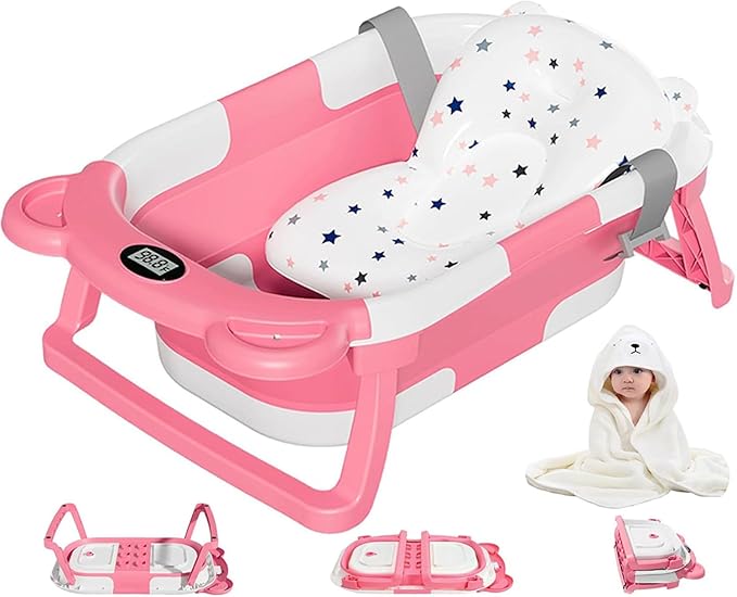 MoreFeel Collapsible Baby Bathtub for Newborn with Thermometer & 1 Hooded Towel & 1 Soft Floating Cushion,Portable Travel Bathtub with Drain Hole, Durable Foldable Baby Tubs for Infants to Toddler