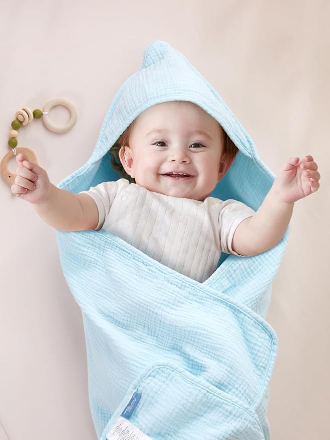 TILLYOU Muslin Hooded Baby Towels for Newborn 2 Pack, 32x32Inch Soft Baby Bath Towel Highly Absorbent for Newborn and Infant, Essential for Newborn Care, Light Pink and Blue