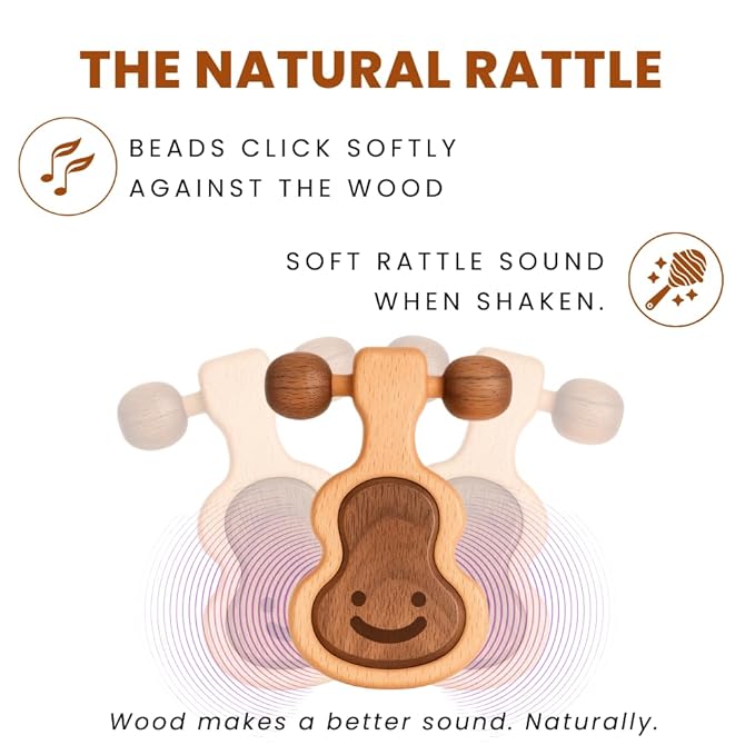 Wooden Guitar Teether Rattle for Babies | Natural Beechwood & Walnut Wood | Non-Toxic Organic Teething Toy | 0-12 Months | ASTM EN71 CPSC Certified | Gift for Baby Shower
