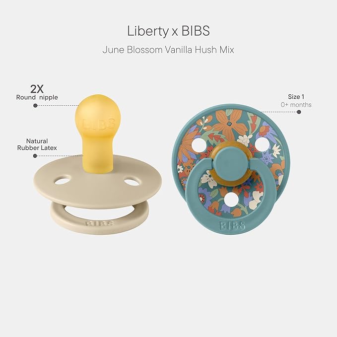 BiBS Liberty Pacifier 2-Pack, BPA Free Pacfiers with Natural Latex Round Nipple, Made in Scandinavia, Size 1 (0-6 Months), June Blossom Vanilla Hush Mix