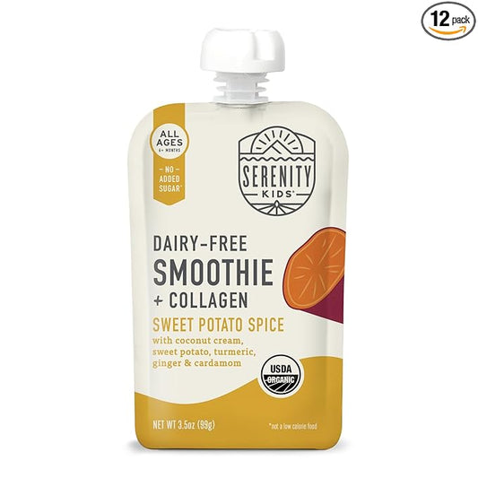Serenity Kids 6+ Months Organic Dairy-Free Baby Food Smoothie Pouch - Sweet Potato Spice Collagen Protein - No Added Sweeteners Organic Baby Snacks - Protein Smoothie Toddler Food - 3.5 Oz, 12 Pack