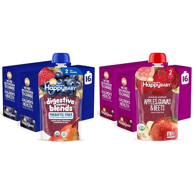 Happy Baby Digestive Support Blends Baby Food, Pear, Blueberries, Strawberries & Oats, 4 Oz (Pack of 16) + Happy Baby Organics Stage 2 Clearly Crafted, Apples, Guavas & Beets, 4 Oz (Pack of 16)