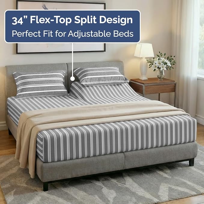 Flex Top Split Head King 4 Piece Sheet Set - Comfy Breathable & Cooling Bed Sheets Set - Hotel Luxury Bedding for Women, Men, Kids, Teens, Boys & Girls - Deep Pockets, Soft - Oeko-Tex - Grey Stripes
