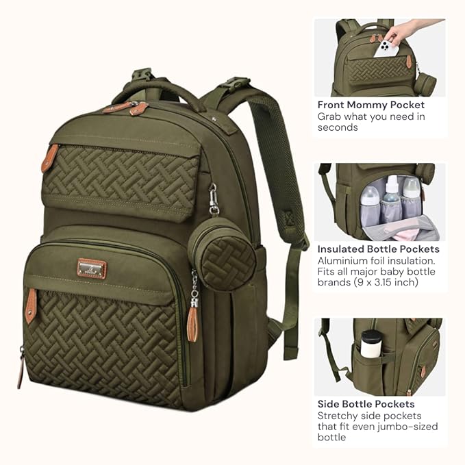 BabbleRoo Diaper Bag Backpack - Travel Large Baby Diaper Bag with Changing pad, Waterproof Baby Bags for Mom & Dad, Unisex Bags with Pacifier Case, Luggage Strap & Stroller Clips– Army Green | with Changing Pad, Pacifier Case, Stroller Straps, Multifun...