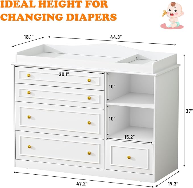 St.Mandyu White Changing Table Dresser, Baby Nursery Dresser, Baby Diaper Changing Table, 5 Drawers, Adjustable Shelves, Metal Handle, Curved Wrapping Design, White