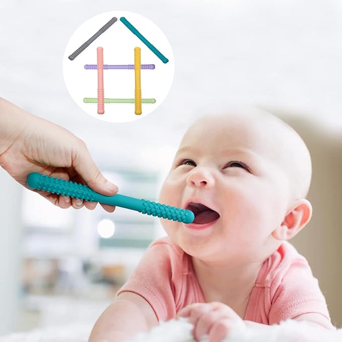 Hollow Teething Tubes Toys for Babies Girls Boys, 5 Pack Silicone Baby Teether Toy Tube for Infants with Nursing Biting Chewing, Chew Straws for Toddlers 6-12 Months (Style B)