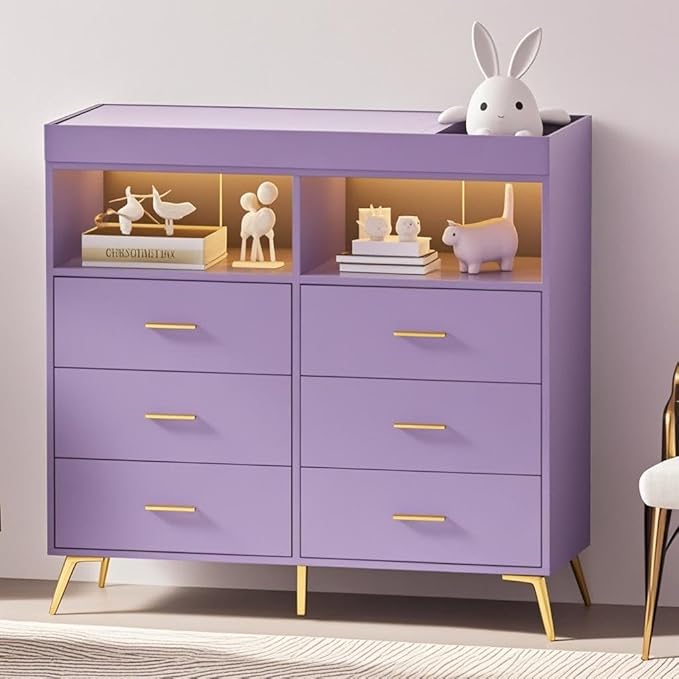 Baby Changing Table Dresser with 6 Drawers, Baby Nursery Dresser, LED Lights & Charging Station – Multifunctional Nursery Dresser with Removable Changing Top, Anti-Tip Design, Purple