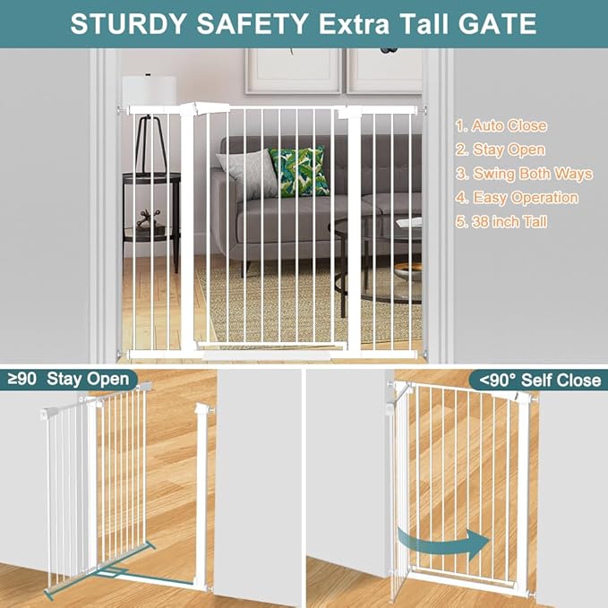 Fairy Baby 38" Extra Tall Baby Gate, 29.5"-40.5" Extra Wide Pet Gate for Dogs Puppy, Metal Auto Close Safety Child Gate for Stairs Doorways, Easy Install Pressure Mounted Dog Gate Indoor, White