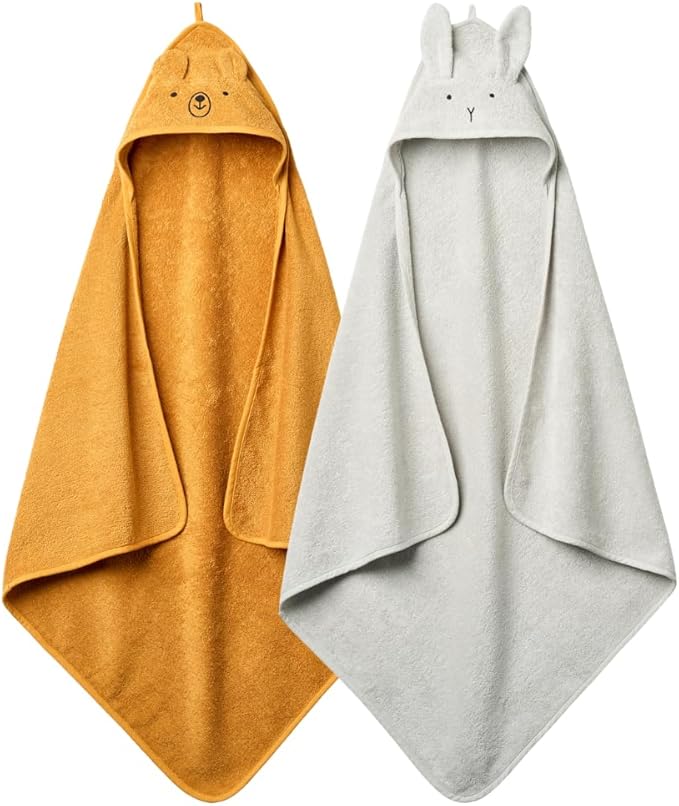 Baby Hooded Towel – Organic Cotton Baby Bath Towels, 32" x 32" Super-Soft and Absorbent Baby Towels for Newborn 2-Pack (Grey/Yellow)
