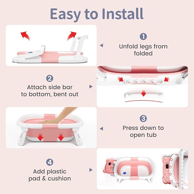 Collapsible Baby Bathtub for Newborn to Toddler (0-18 Months) - Foldable Baby Bath Tub with Soft Towel, Newborn& Infant Bathtub for Travel and Outdoor, Pink