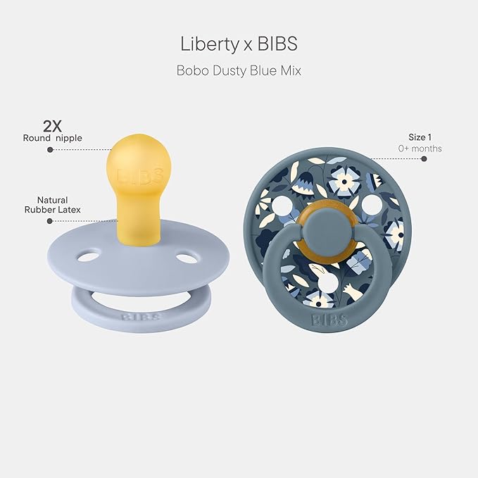 BiBS Liberty Pacifier 2-Pack, BPA Free Pacfiers with Natural Latex Round Nipple, Made in Scandinavia, Size 1 (0-6 Months), Bobo Dusty Blue Mix
