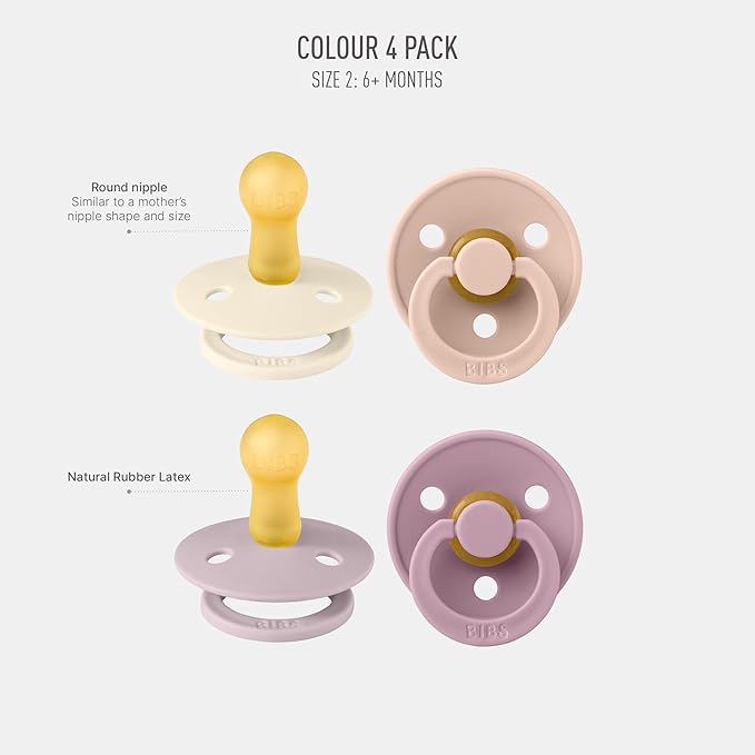 BIBS Colour Soother 4-Pack, BPA Free Dummy Pacifier, Round Nipple. Natural Rubber Latex, Made in Denmark. 6-18 Months (Pack of 2), Baby Girl Colours