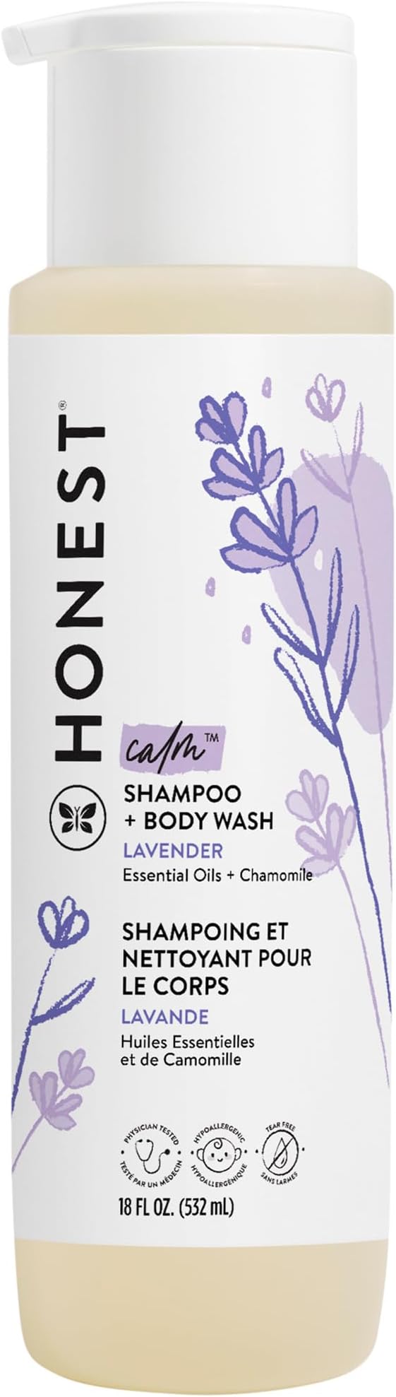 The Honest Company 2-in-1 Cleansing Shampoo Body Wash Gentle for Baby, Naturally Derived, Tear-free, Hypoallergenic, Lavender Calm, 18 fl oz