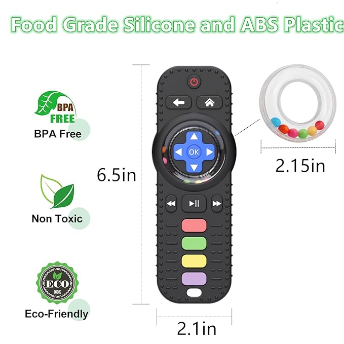 Fu Store Silicone Baby Teether Toys for 0-12 Momths 3-24 Months Infant Toddlers TV Remote Control Rattle Teethers for Babies Chew Toys Teething Relief Soothe Babies Gums, Black