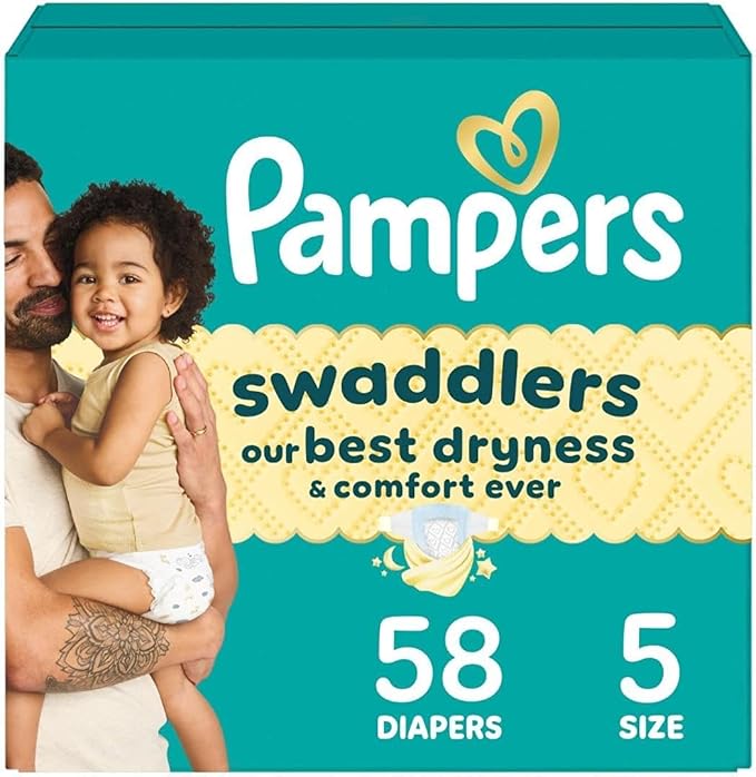 Pampers Swaddlers Diapers, Size 5 (20-37 lbs), 58 Count, Absorbent, Keeps Baby Dry and Comfortable, Skin Safe Disposable Baby Diaper (Packaging May Vary)