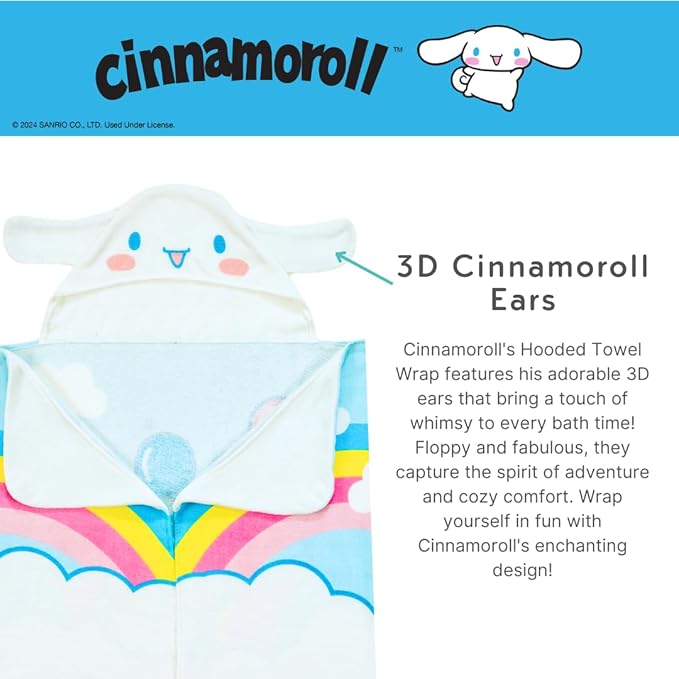 Sanrio Cinnamoroll Kids Super Soft Bath/Pool/Beach Soft Cotton Terry Hooded Towel Wrap, 24 in x 50 in, (Officially Licensed Product) by Franco