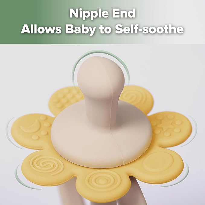 haakaa Silicone Twin Flower Teether,Nipple-Shaped End for Gum Massage,360° Baby Toothbrush Head for Self-Brushing Training,Easy to Grip -Mango