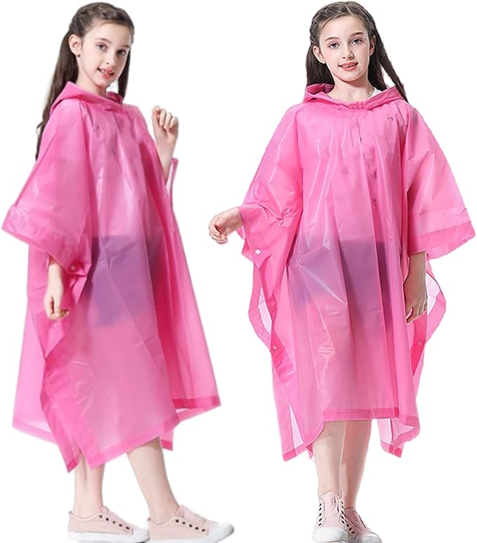 Rain Poncho for Kids (2 Pack), Reusable EVA Children Raincoat Ponchos Rain Jacket with Hood for 6-14 Girls Boys