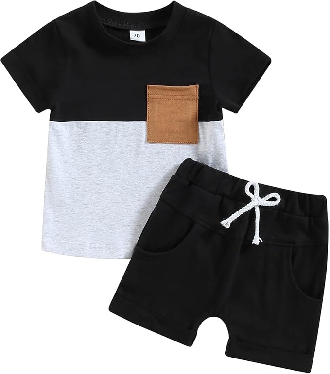 fhutpw Baby Toddler Boy Clothes Summer Outfits 6 12 18 24 Months Patchwork Short Sleeve T Shirt & Shorts Sets with Pockets