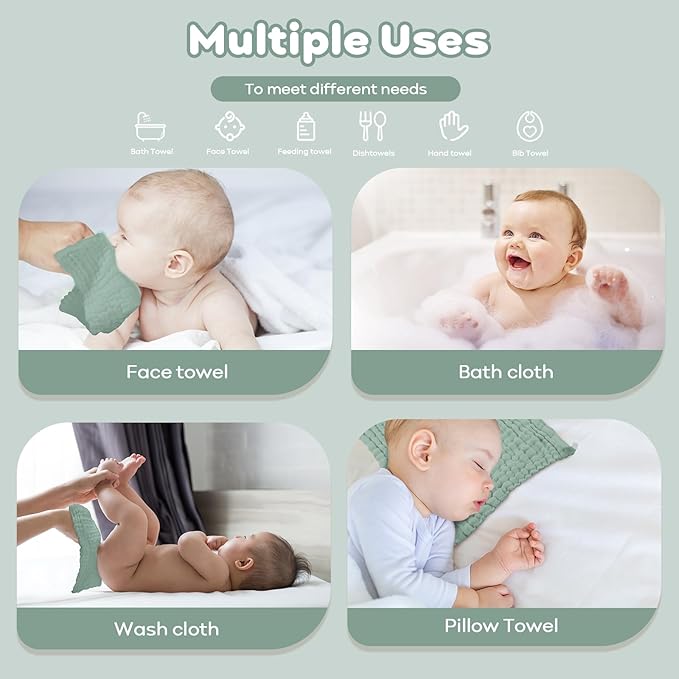 Yoofoss Muslin Baby Washcloths 100% Organic Cotton Face Towels 10 Pack Wash Cloths for Baby 12x12in Soft and Absorbent Baby Wipes (Dark Green)