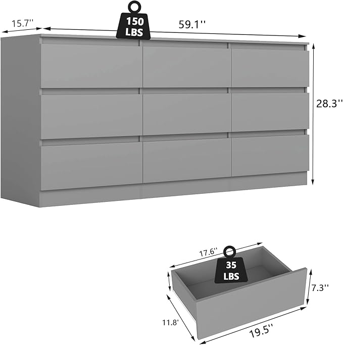 Grey 9 Drawer Dresser for Bedroom,Modern Long Dresser with Deep Drawers,Wide Storage Chest of Drawer,Wood Bedroom Storage Organizer Drawers forBedroom