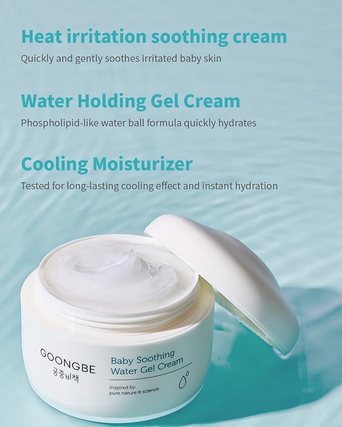 GOONGBE Baby Soothing Water Gel Cream - Korean Baby Cooling & Moisturizing Relief for Baby's Sensitive Skin - Dermatologically Tested - Quick Soothing for Face and Body, 3.38 fl.oz.