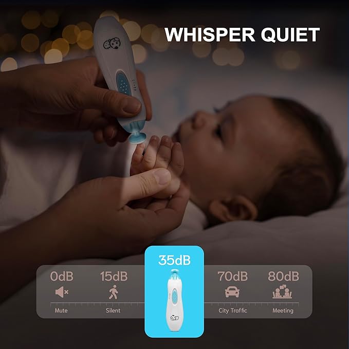 Royal Angels Upgraded 6 in 1 Baby Nail Trimmer with Labeled Case, 4 Colored Pads for Newborns to Toddlers, Whisper Quiet Electric Nail File with LED Light, Safe Manicure Set for Families (Babyblue)