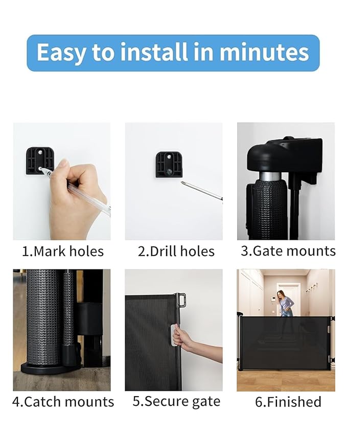 Retractable Baby Gate for Doorways and Stairs, Mesh Safety Gate for Pet, Indoor & Outdoor Use, One-Hand Operation, Easy Installation, 33.6" Tall, Expands to 71" Wide（Black,33.6"x71"）