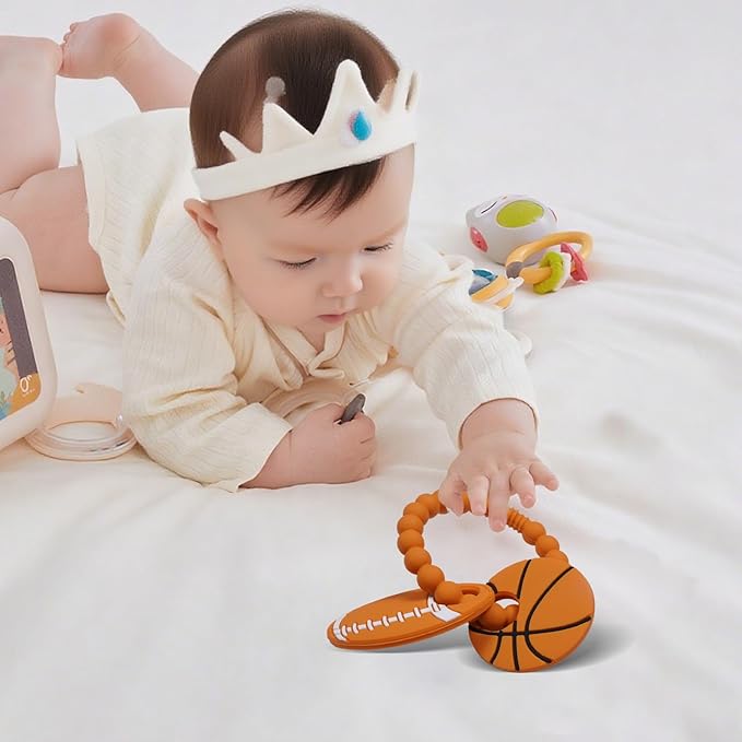 Silicone Baby Ring Toy with Basketball,American Football Teethers,Must Haves Teething Relief Chew Toys for 3-6,6-12 Months Boys and Girls,Newborns Essentials,Safe and Soft,BPA Free.
