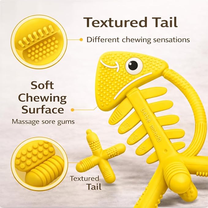 3 in 1 Infant Toys, Baby Teething Toys 3–6 6–12 Months, Teethers for Babies 0–3–6–12 Months for Teething Relief, Baby Gift, Baby Teether Toys, Silicone Sensory Toys, USA Patent Pending, Fish (Yellow)