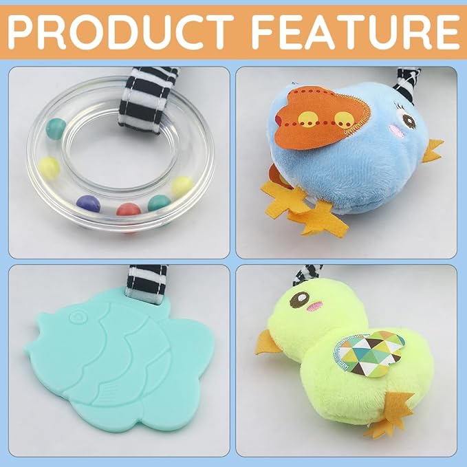 Caterbee Baby car seat Toys, Activity Spiral hangings pram Toys, Plush Crib Toys with Squeaky for boy or Girl (Duck)