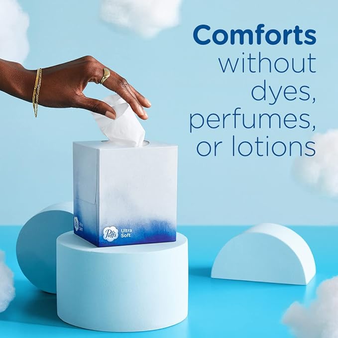 Puffs Ultra Soft Facial Tissues, 1 Family Size Box, 124 Facial Tissues Per Box (Pack of 4)