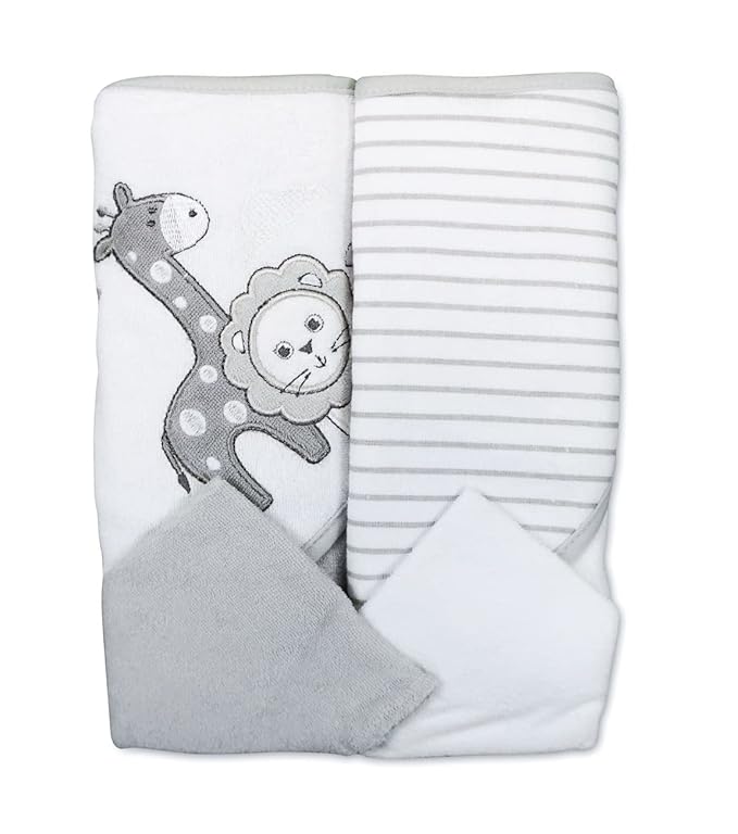 Spasilk Bath Hooded Towels & Washcloths Set for Babies, 2 Hooded Terry Bath Towels & 2 Washcloths, Grey Lion