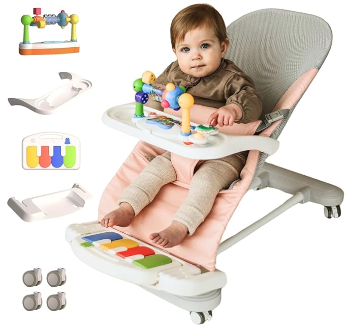 CuddoBaby Baby Bouncer 4-in-1 on Wheels |Detachable Pianos, Feeding Tray| 3-Level Recline Foldable Seat with Play Bar for Infant to Toddler 0-6, 0-12, 12-24 Months, Girl Gift Idea - Pink