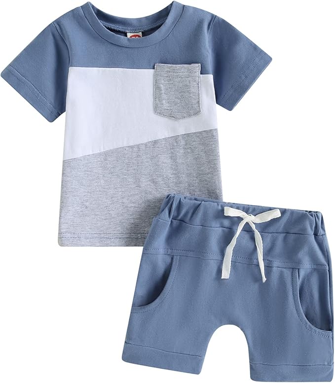 fhutpw Baby Toddler Boy Clothes Summer Outfits 6 12 18 24 Months Patchwork Short Sleeve T Shirt & Shorts Sets with Pockets