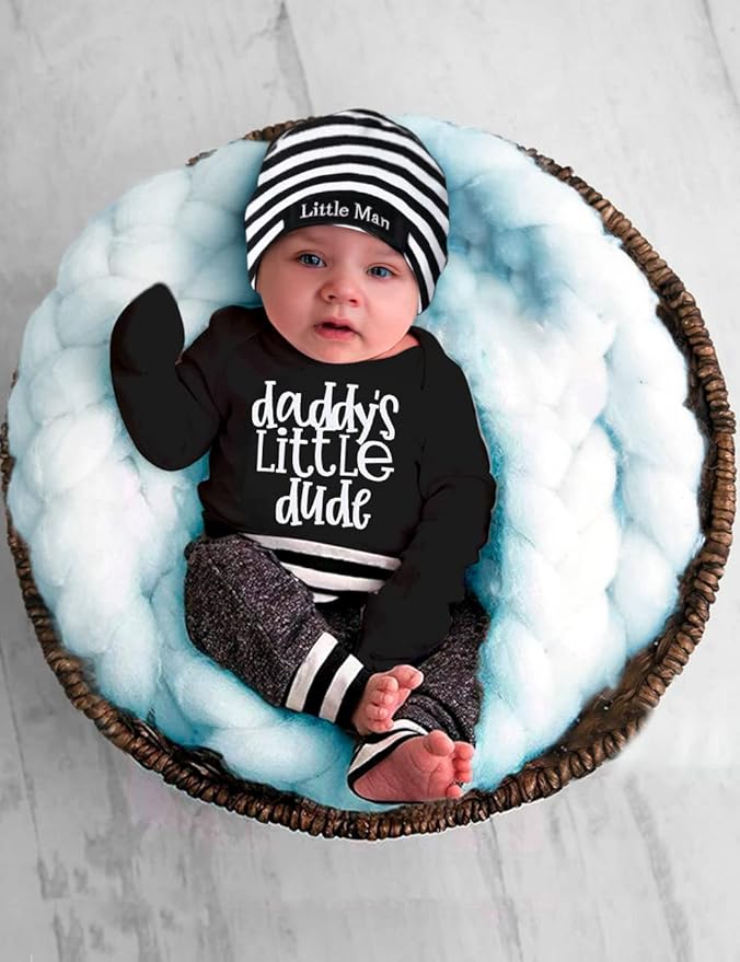 Fommy Newborn Baby Boy Clothes New to The Crew Letter Print Romper+ Pants+Hat 3PCS Outfit