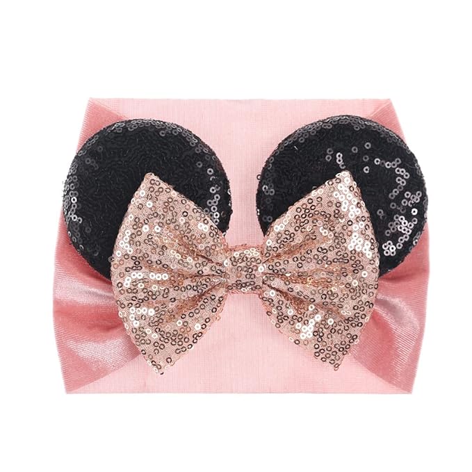 JIAHANG Baby Girl Mouse Ears Turban Headwrap with Sequin Bows, Wide Velvet Hairband, Hair Bow Headband for Newborn Toddler, kids, Party Supplies (oufen HW)