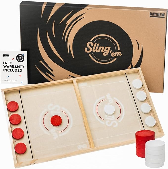Bayview Fast Sling Puck Game – 2‑Player Wooden Tabletop Game for Kids & Adults | Fast-Paced Family Party Game, Travel-Friendly & Durable