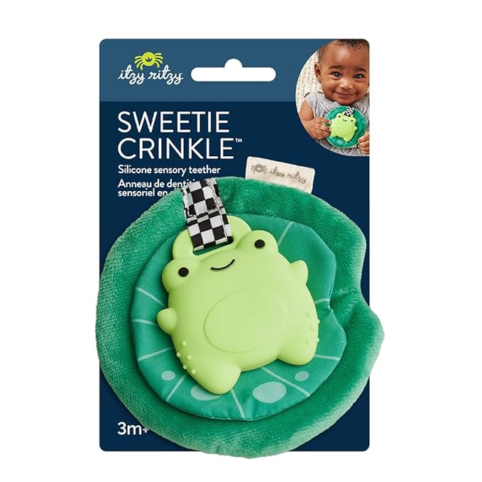Itzy Ritzy Crinkle Teether Toy – Silicone Frog Teething Toy with Crinkly Lilypad & Plush Velour Layer – Features Multiple Textures for Teething Relief – Designed for Ages 3 Months and Up (Frog)