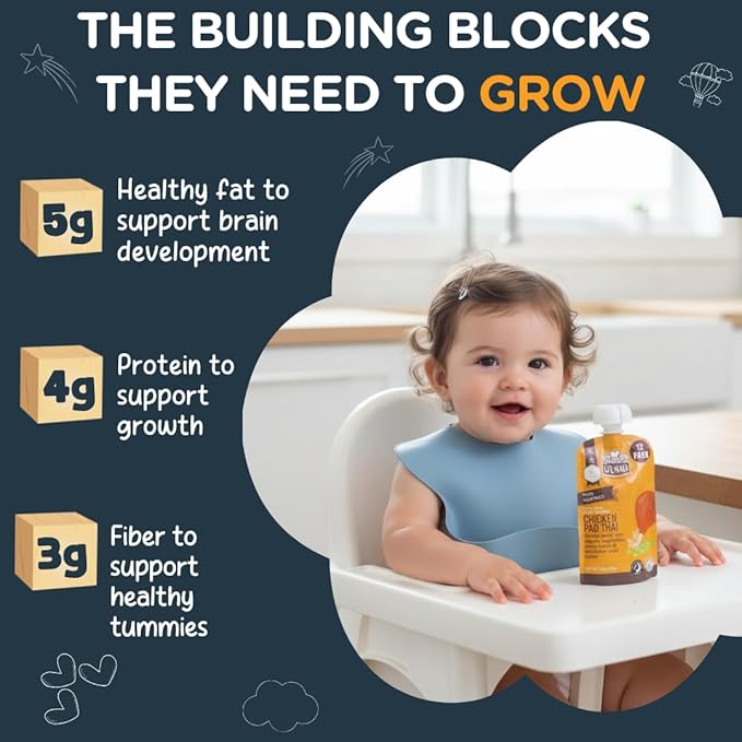 Li'l Hala Foods - Baby Meat Pouches - Toddler Meals with Meat – Protein & Healthy Fats Puree – No Hormones – 6+ Months – 3.5 oz (12 Pack) (Chicken Pad Tha)