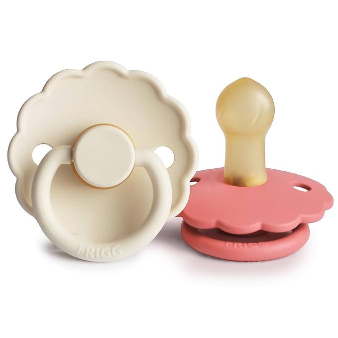 FRIGG Daisy Natural Rubber Baby Pacifier | Made in Denmark | BPA-Free (Cream/Poppy, Size 1) 2-Pack