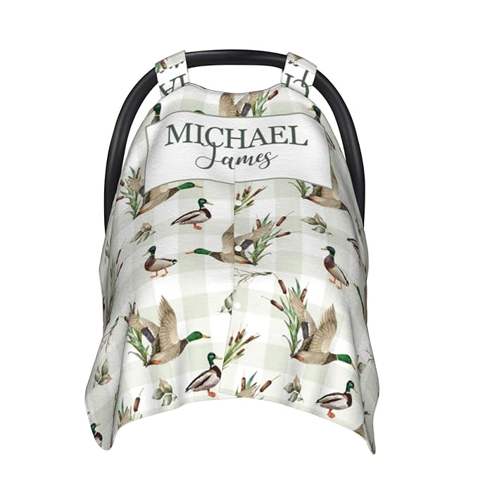 Personalized Baby Boy Car Seat Canopy for Babies, Custom Name Baby Car Seats Cover for Boys, Wild Ducks Opening Minky Nursing Breastfeeding Covers for Infant, Carseat Canopies for Newborn