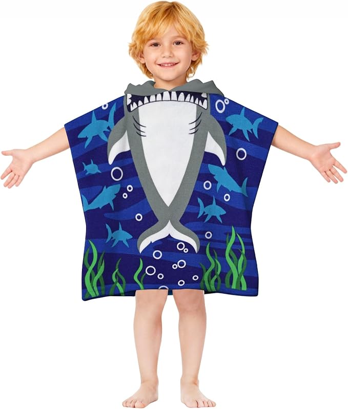 Hooded Kids Beach Towels - Toddler Bath Towel Girls Boys Swim Cover-ups for Ages 1 to 6 Kids Pool Towels Quick Dry Lightweight Soft Microfiber Poncho Towel 24x23 (Buble Shark)