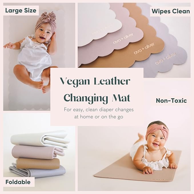 Ava + Oliver Vegan Leather Baby Changing Mat (16 X 30 in) - Multipurpose Wipeable and Portable Diaper Changing Pad - Foldable for Travel (Pink Sand)
