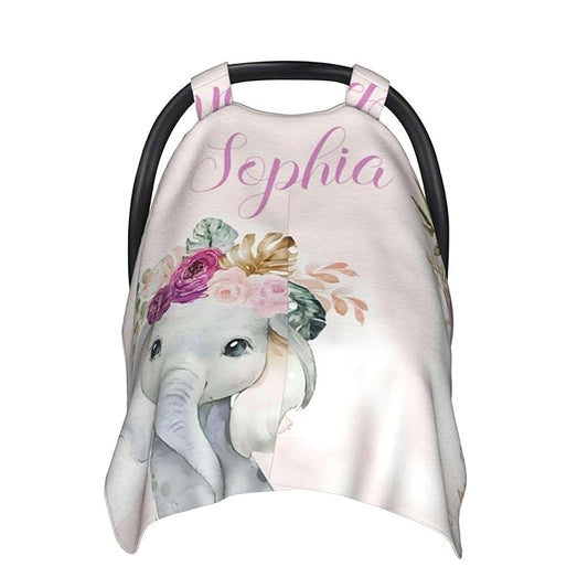 Personalized Baby Car Seat Canopy for Babies with Name, Custom Elephant Floral Stroller Car Seat Covers for Girls, Minky Nursing Carseat Cover for Breastfeeding, Car Seat Canopies for Newborn